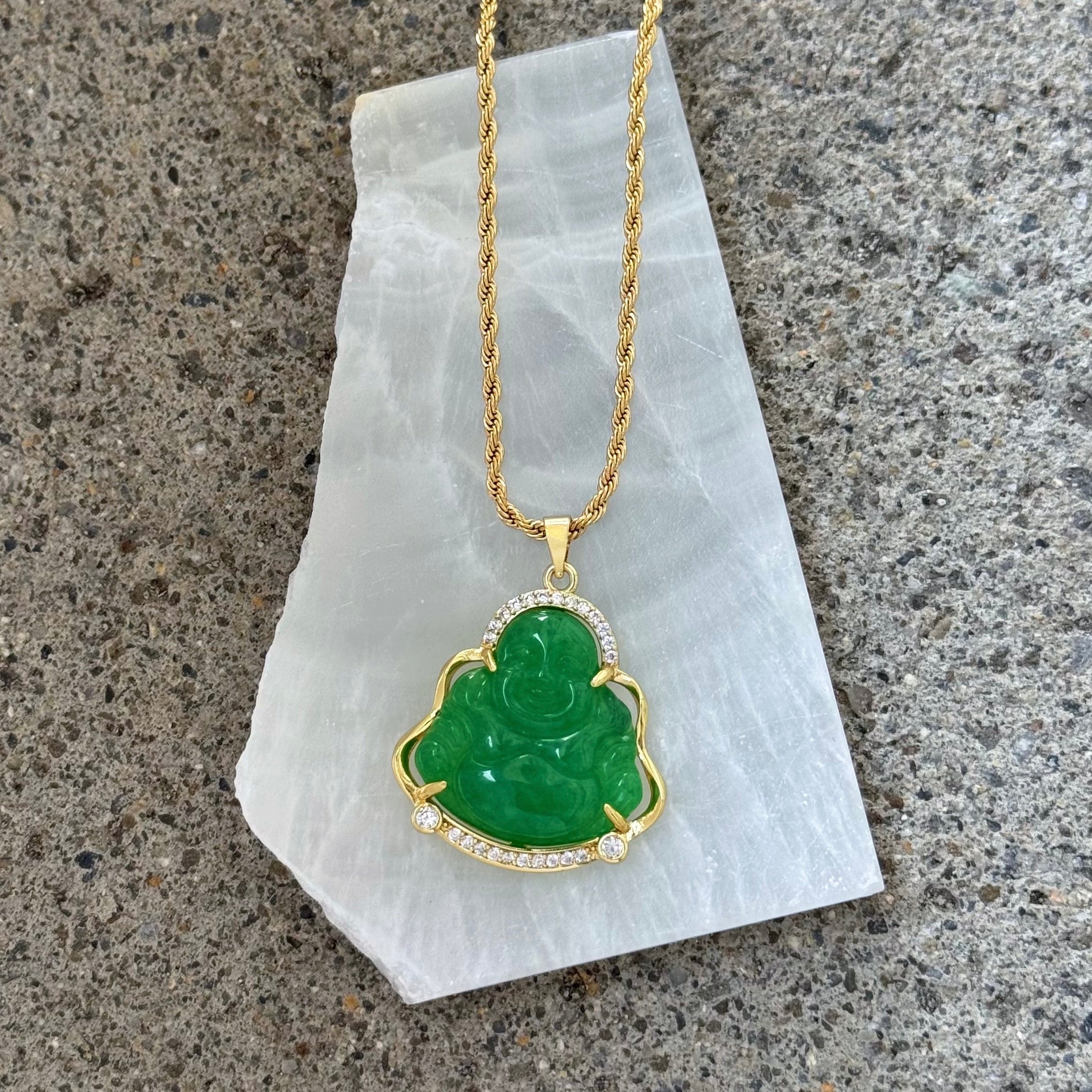 GOLD CRYSTAL BUDDHA GREEN JADE necklace