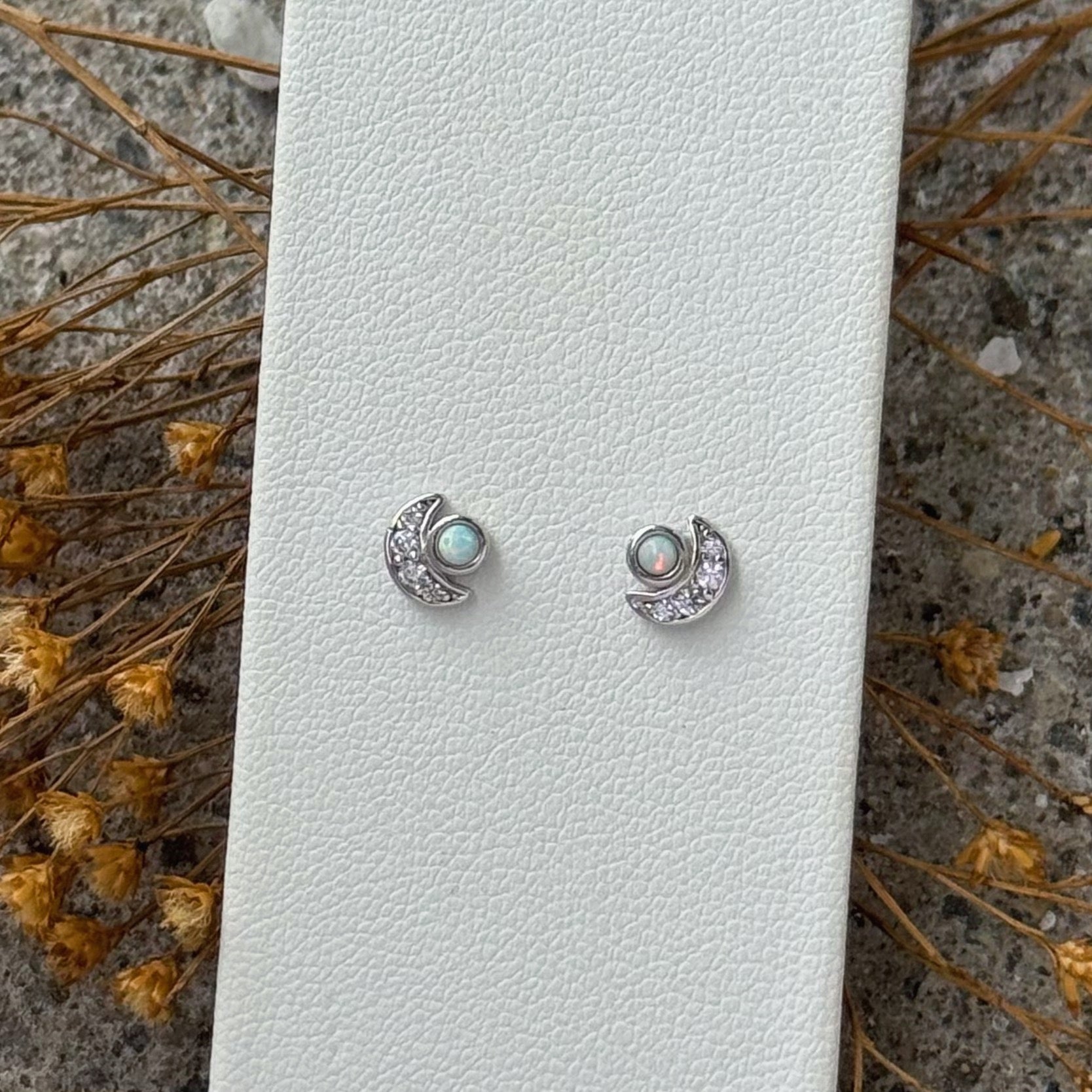SILVER CRYSTAL MOON OPAL STUD earrings