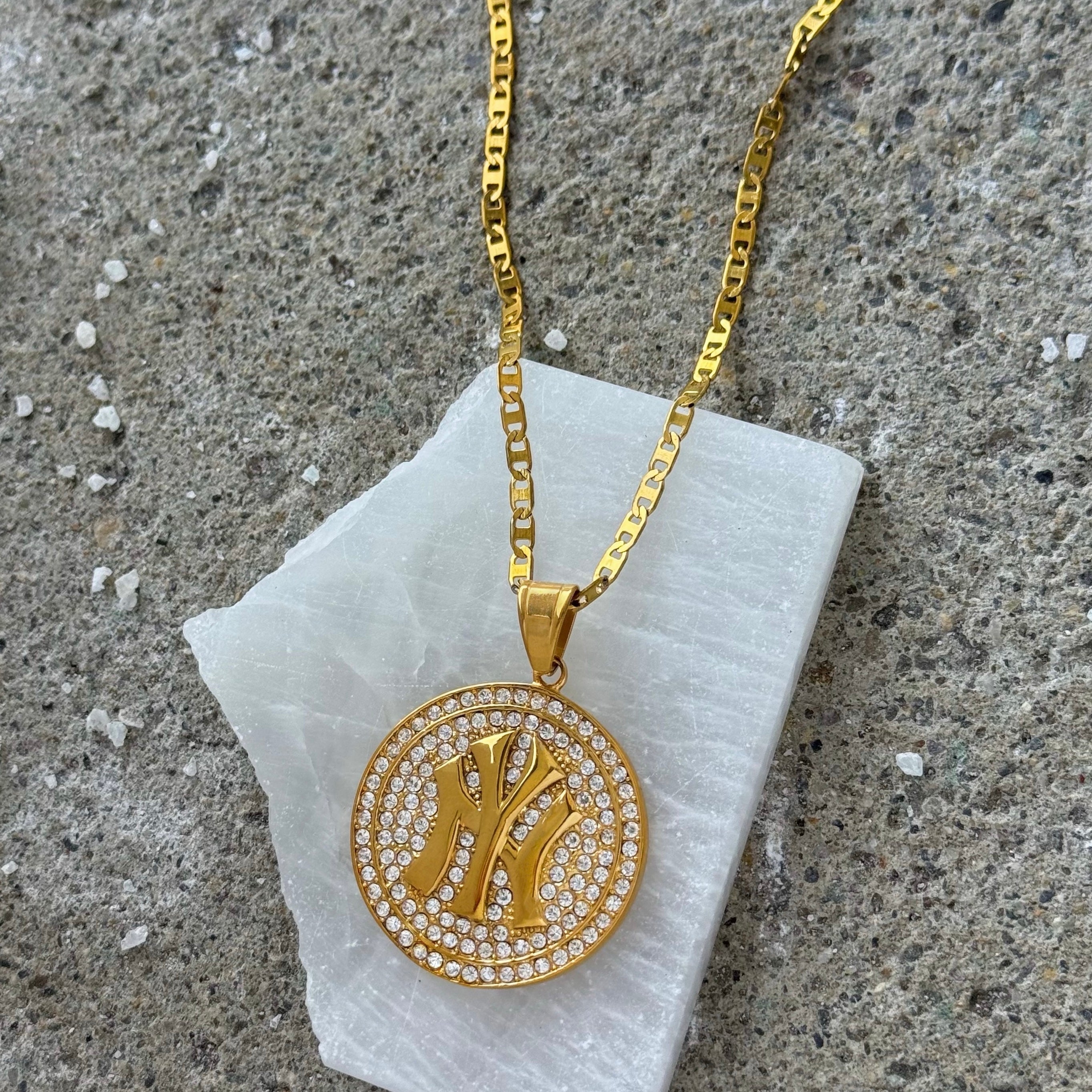 GOLD CRYSTAL NYY MEDALLION necklace