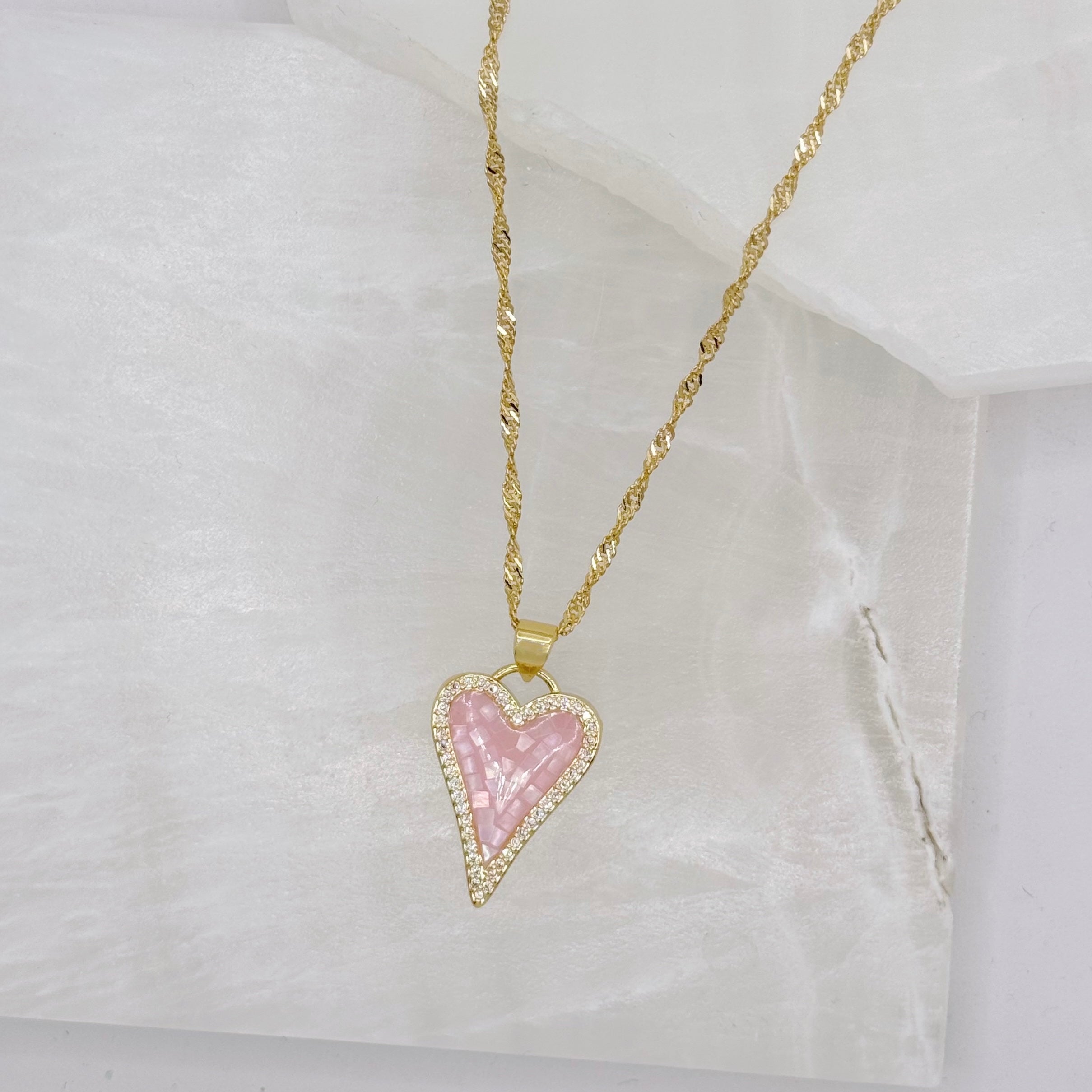 CRYSTAL PINK MOTHER OF PEARL HEART necklace