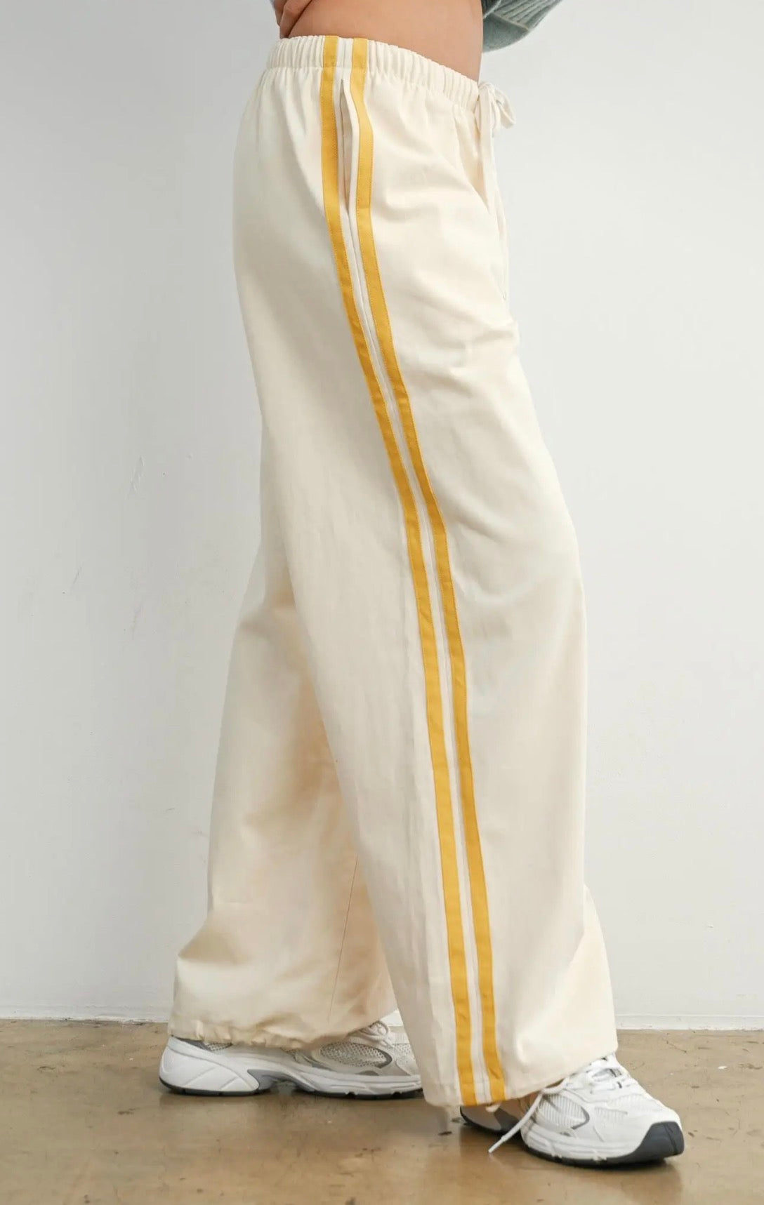BEIGE YELLOW STRIPED DRAWSTRING WIDE LEG TRACK pants