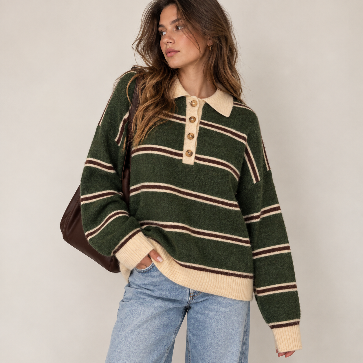 FOREST GREEN STRIPE POLO FUZZY KNIT sweater