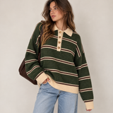 FOREST GREEN STRIPE POLO FUZZY KNIT sweater