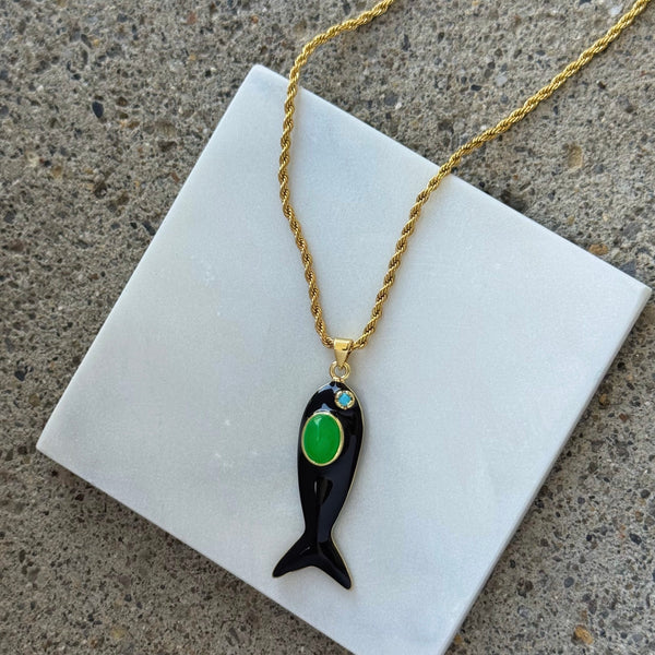 LARGE BLACK ENAMEL FISH necklace