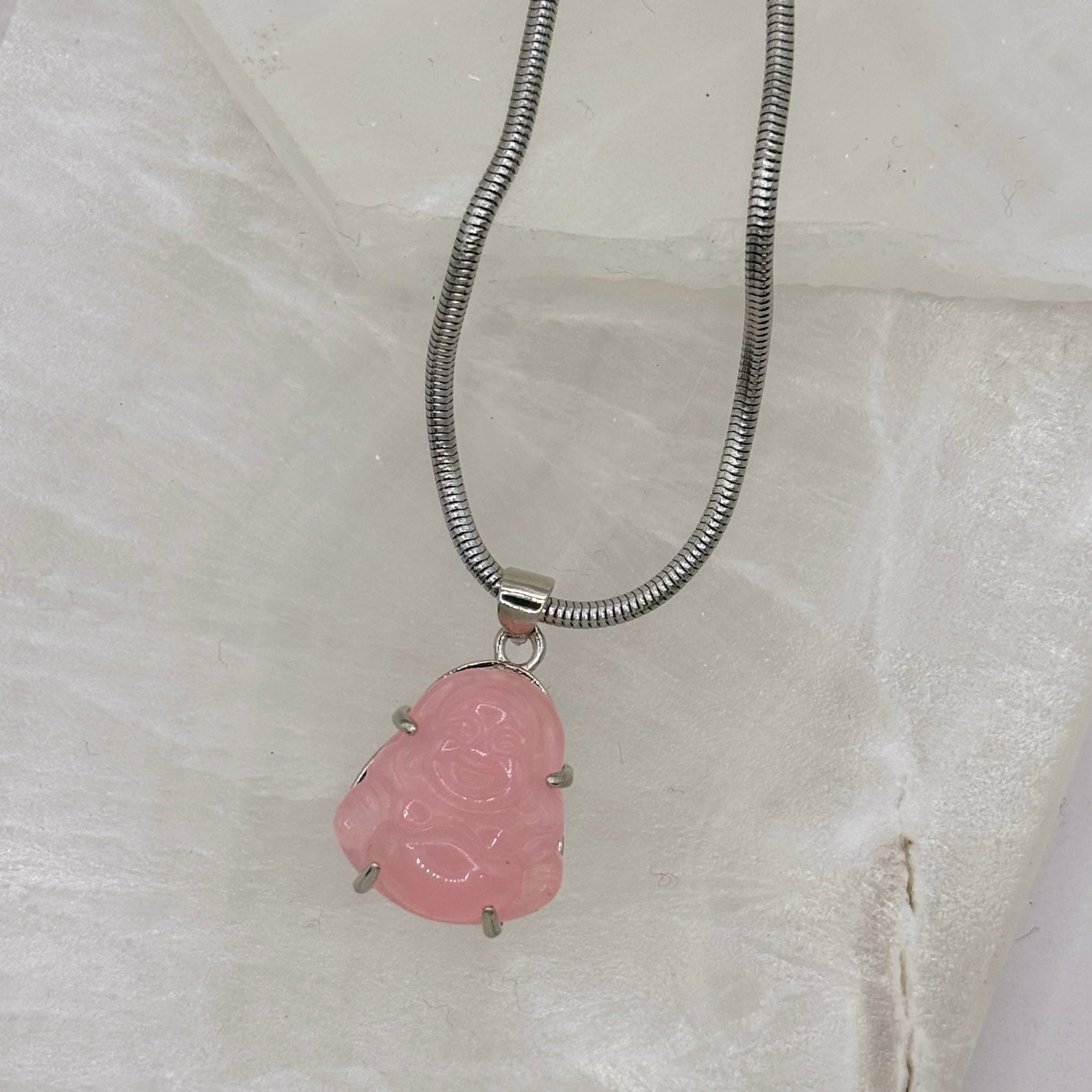 SILVER GOOD LUCK BUDDHA MINI PINK JADE necklace