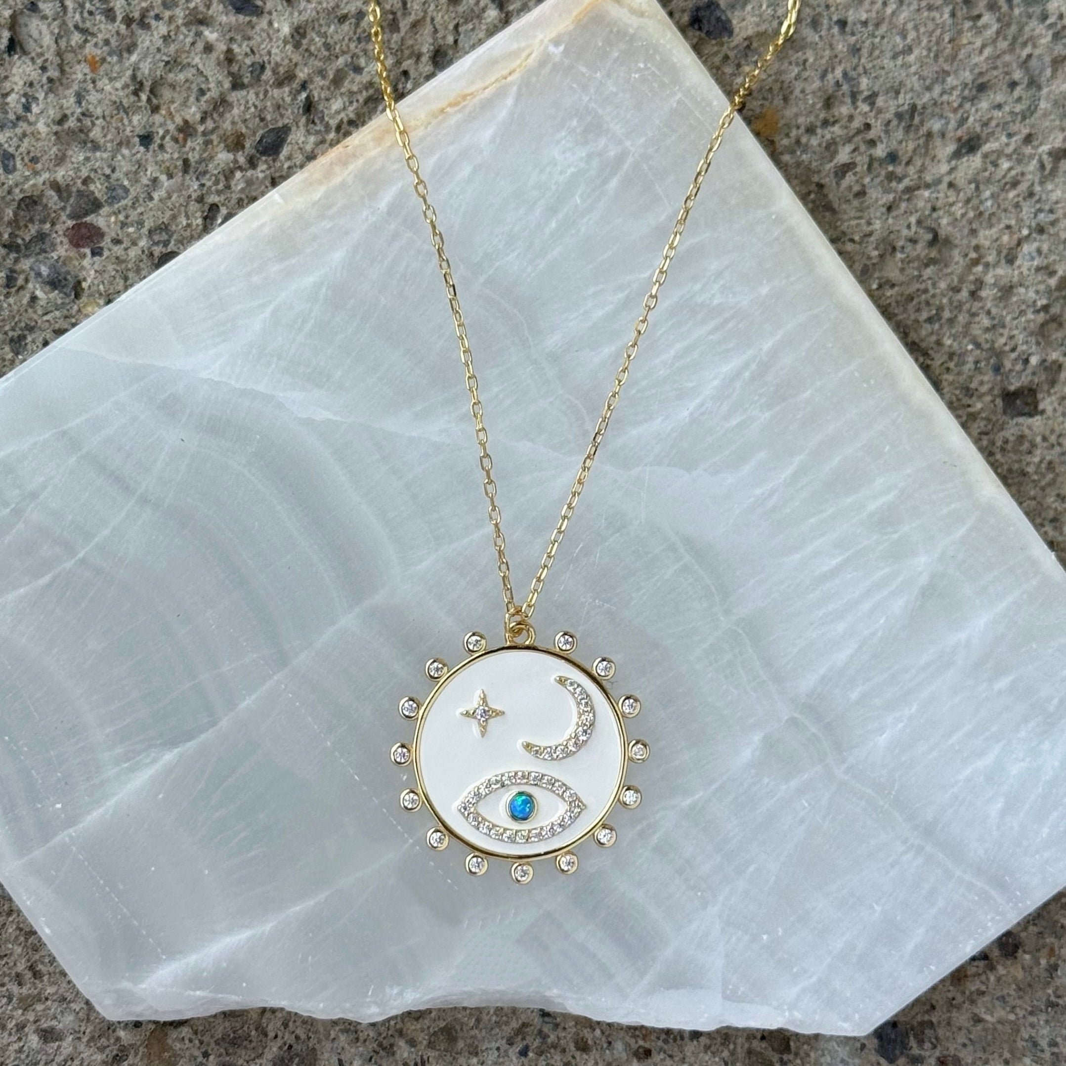WHITE ENAMEL CRESCENT & EYE MEDALLION necklace