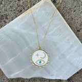 WHITE ENAMEL CRESCENT & EYE MEDALLION necklace
