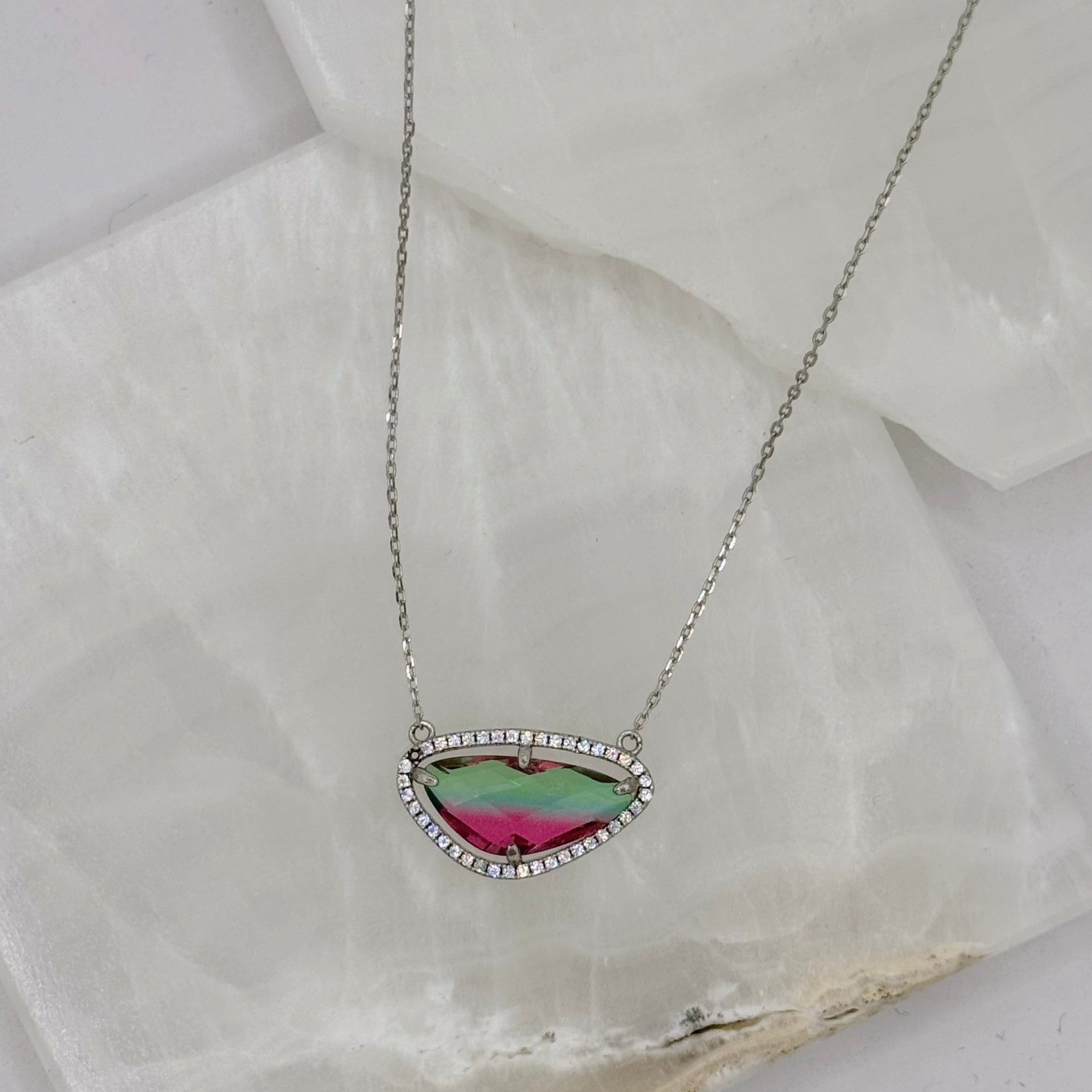 SILVER PINK GREEN OMBRÉ CRYSTAL necklace