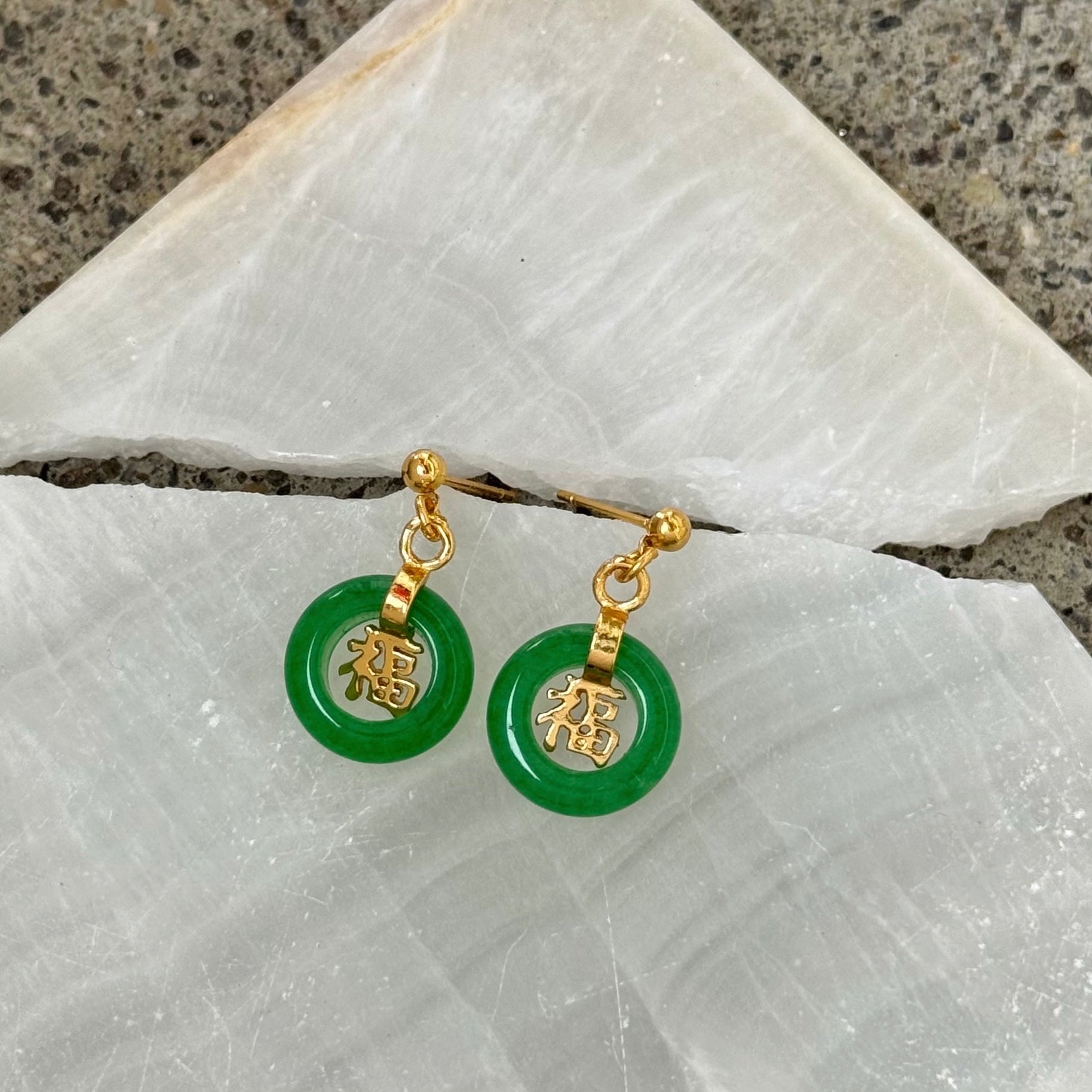 GOLD GOOD FORTUNE GREEN JADE DANGLE earrings