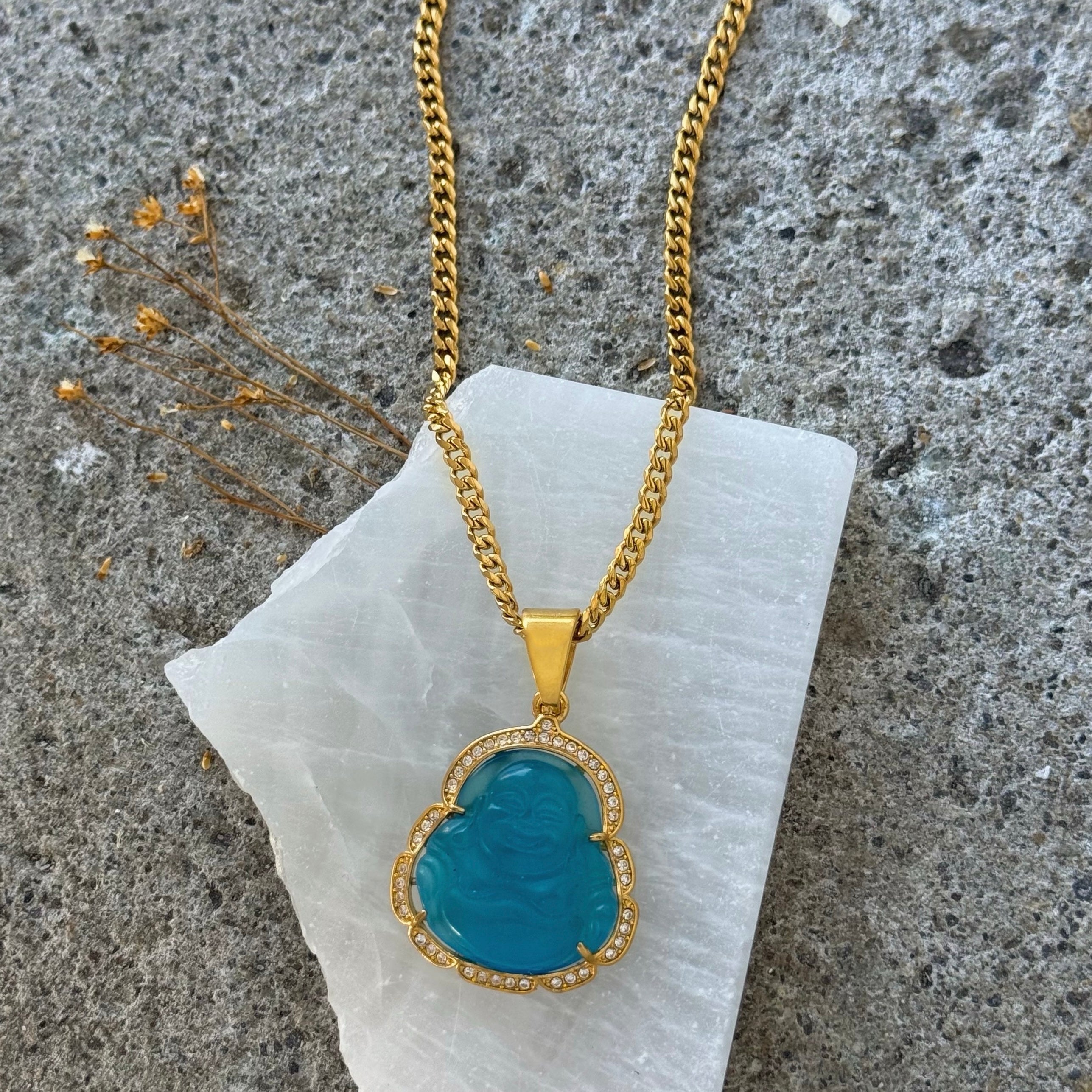CRYSTAL LIGHT BLUE BUDDHA GOLD STEEL necklace