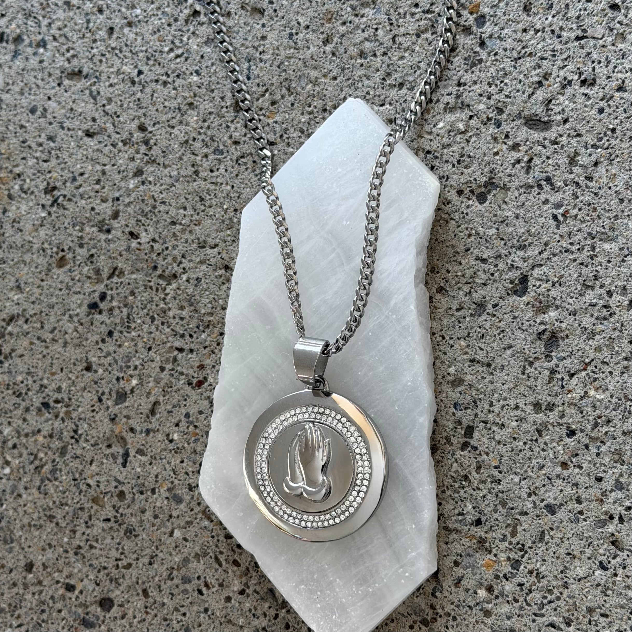 SILVER PRAYING HANDS MEDALLION necklace