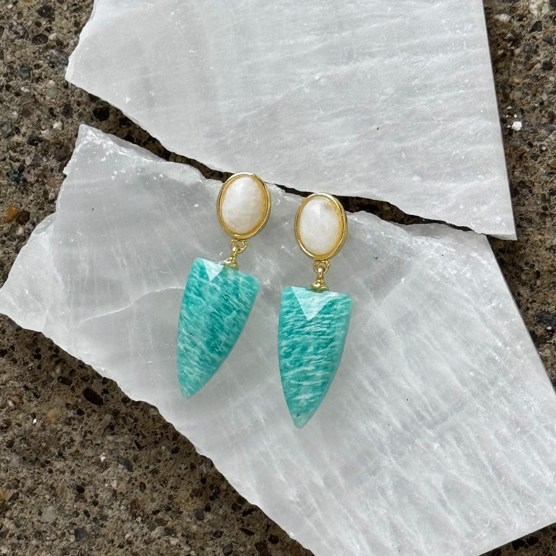 WHITE QUARTZ AND AMAZONITE DANGLE earrings