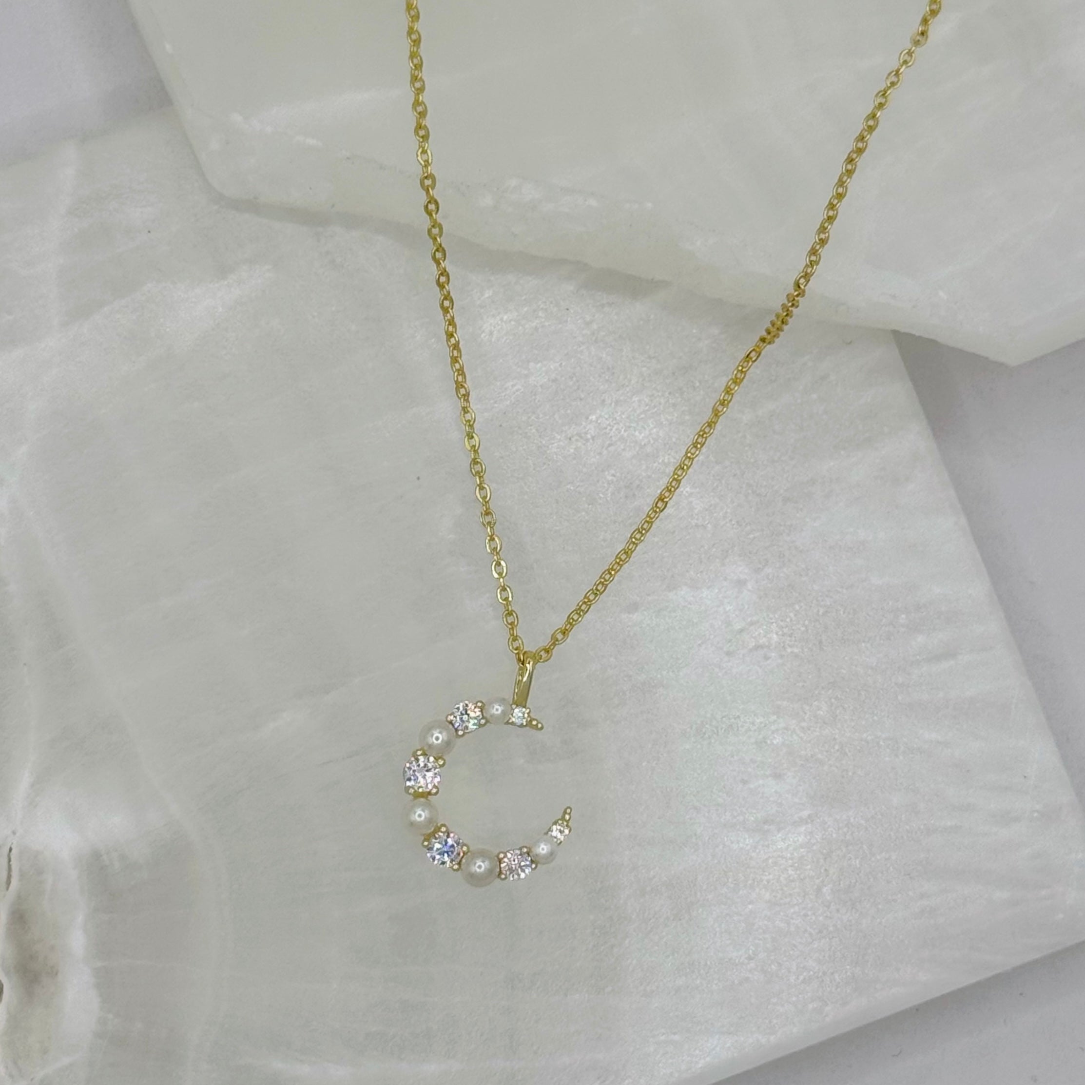 GOLD CRYSTAL PEARL CRESCENT MOON necklace
