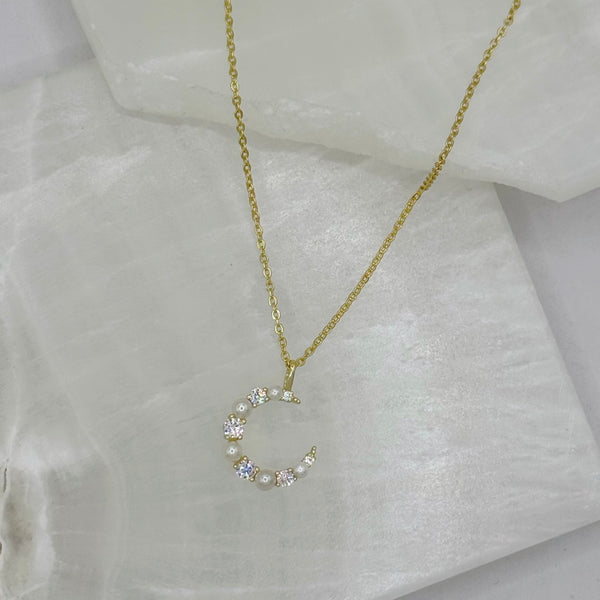 GOLD CRYSTAL PEARL CRESCENT MOON necklace