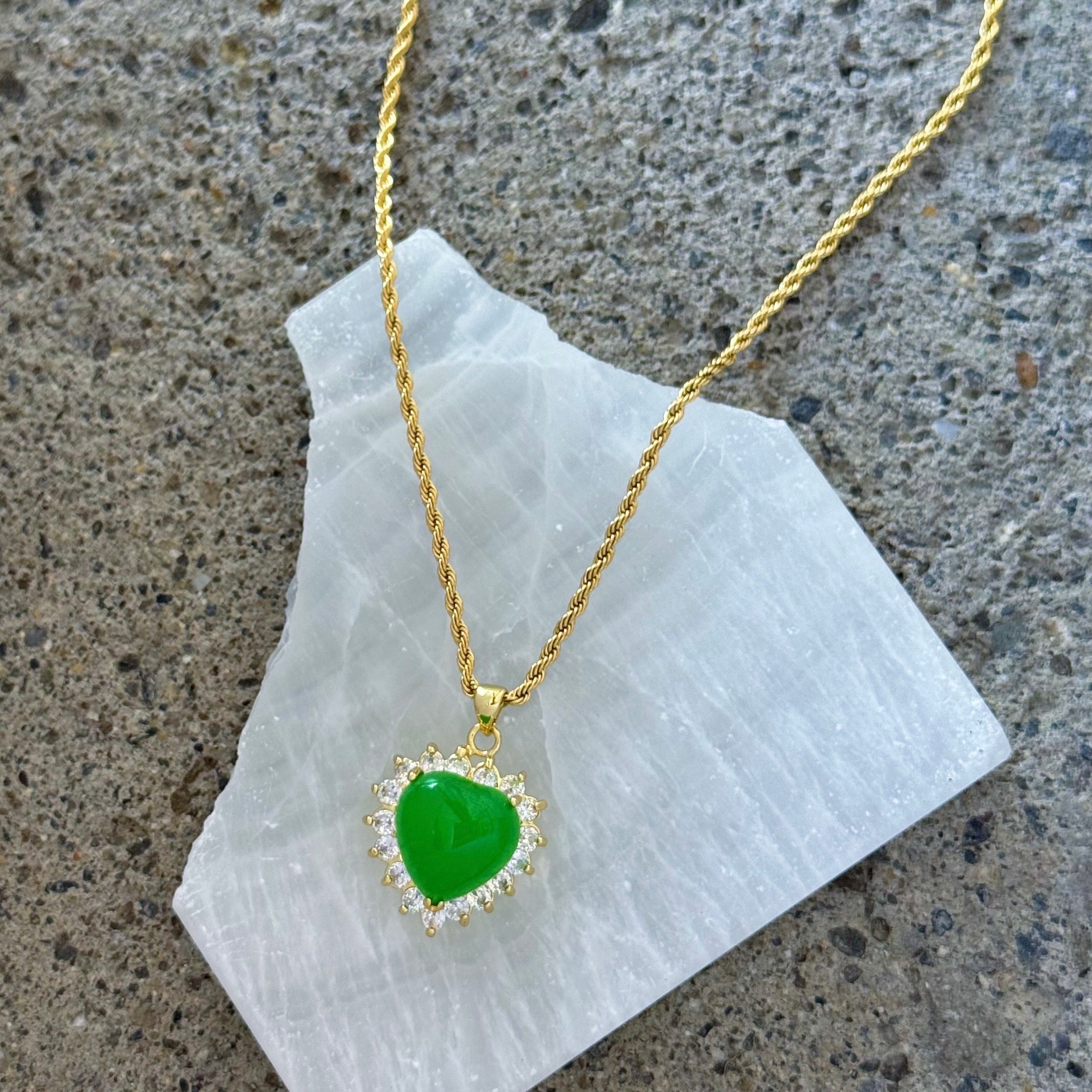 CRYSTAL HEART GREEN JADE necklace