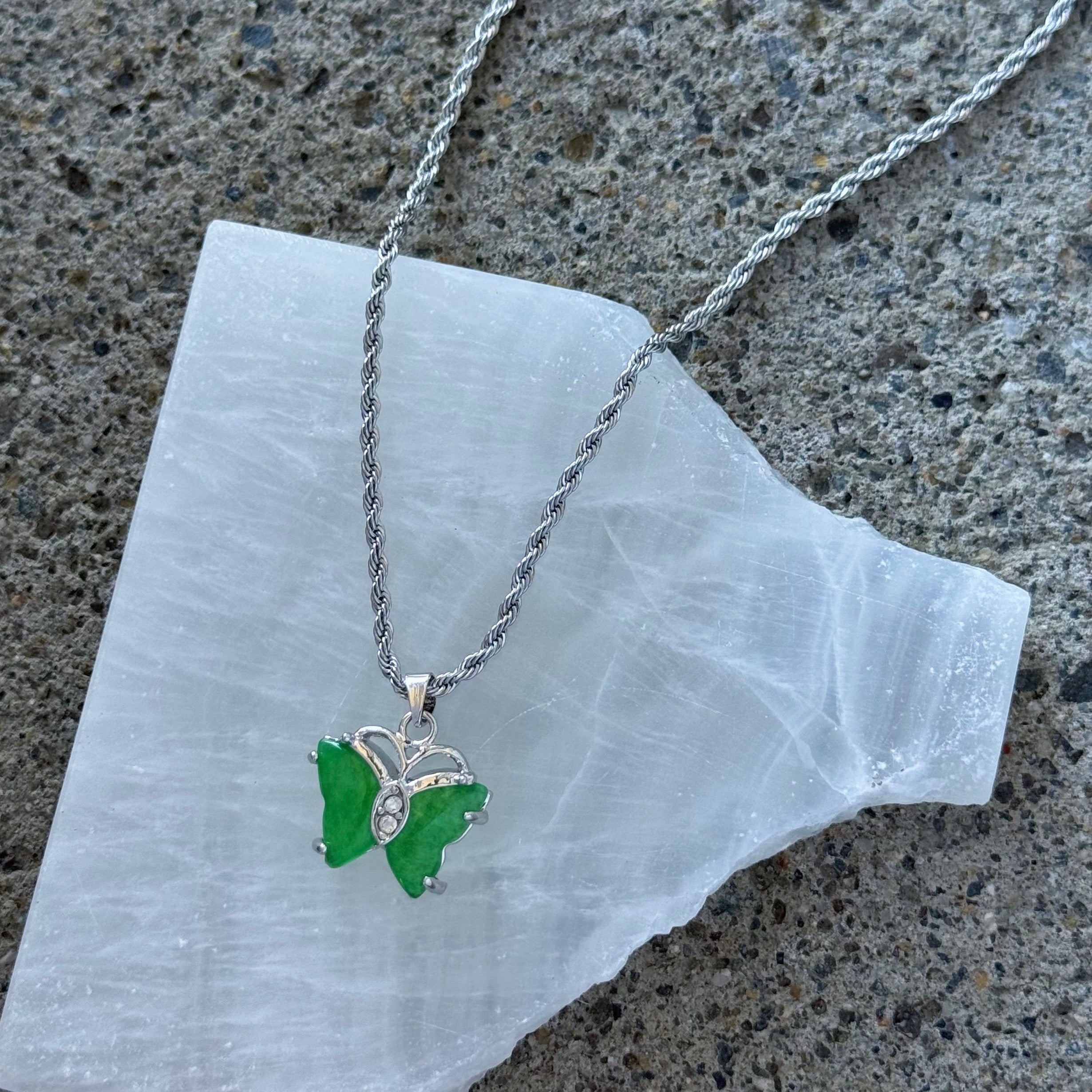 SILVER BUTTERFLY GREEN JADE MINI necklace