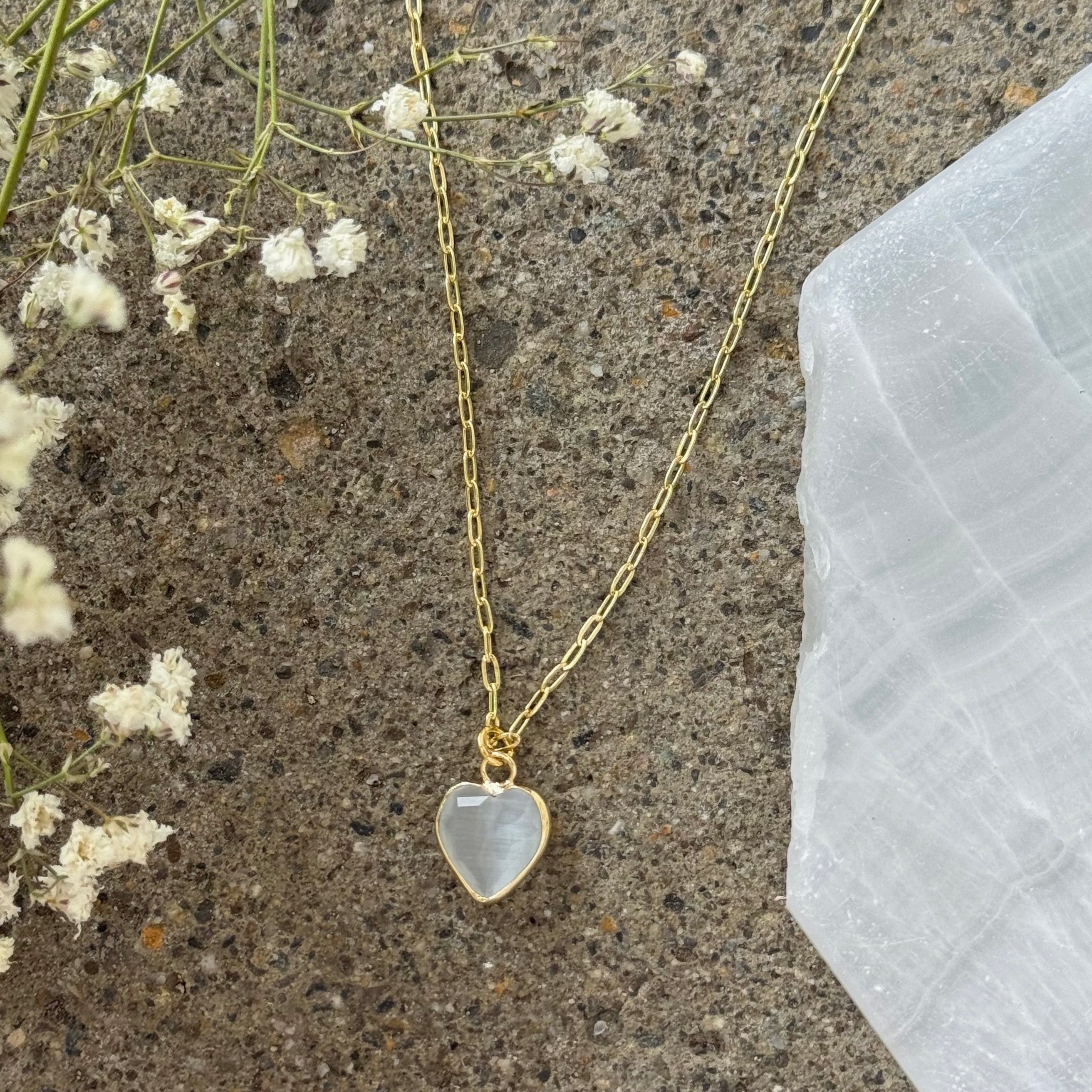 GOLD WHITE QUARTZ HEART PAPERCLIP necklace