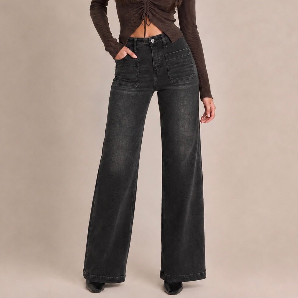 ZARINA HIGH RISE BLACK WIDE TROUSER jeans