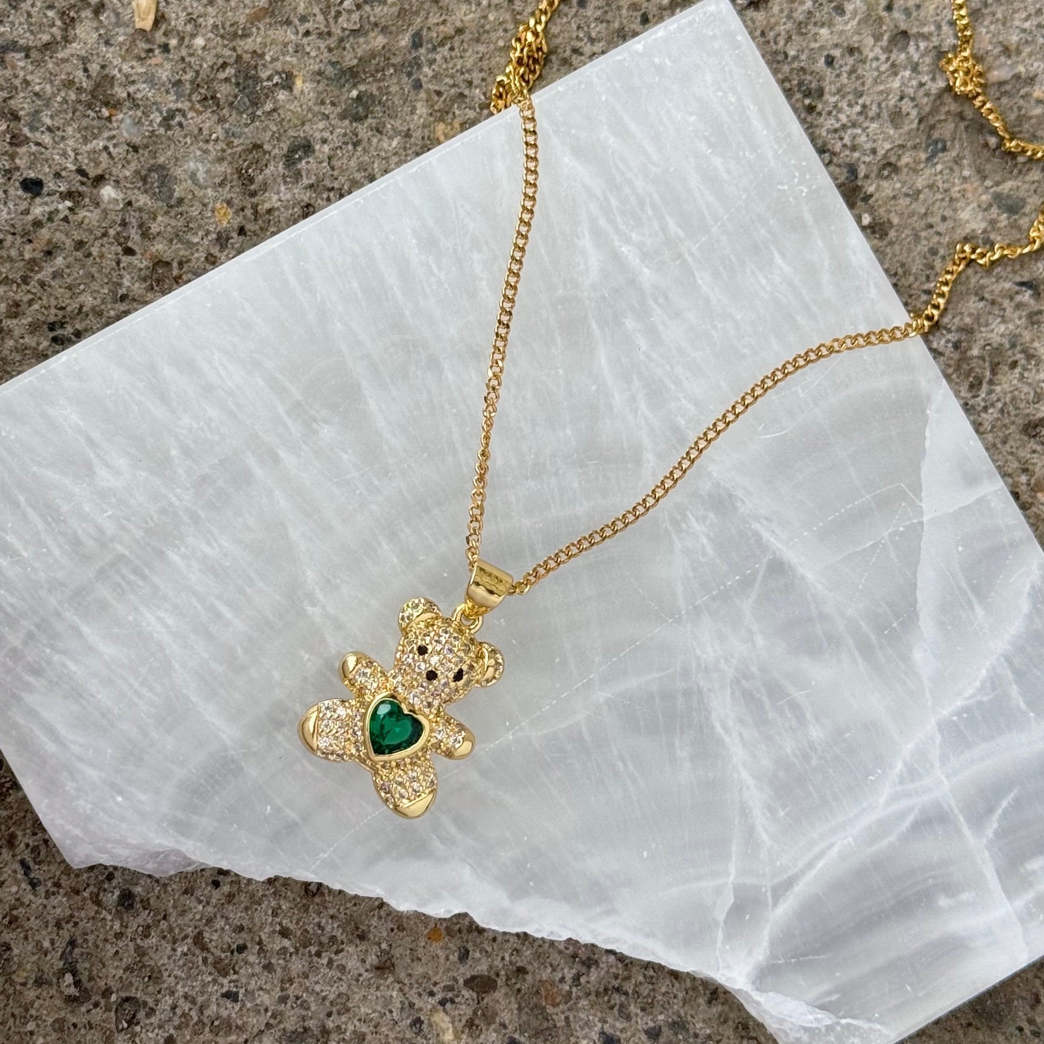 GOLD CRYSTAL TEDDY BEAR GREEN HEART necklace