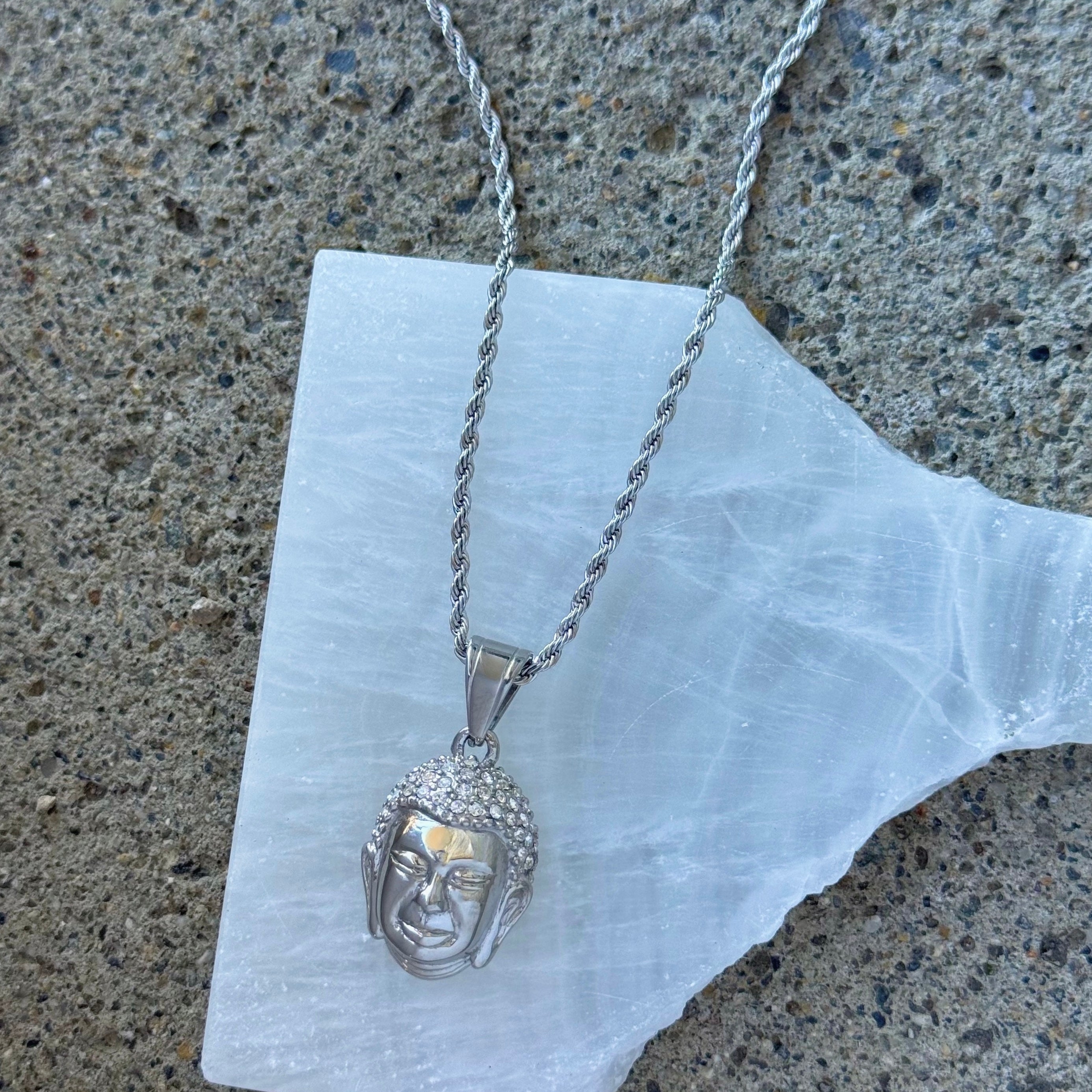SILVER CRYSTAL BUDDHA HEAD necklace