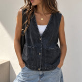 BLACK DENIM BUTTON UP POCKET VEST