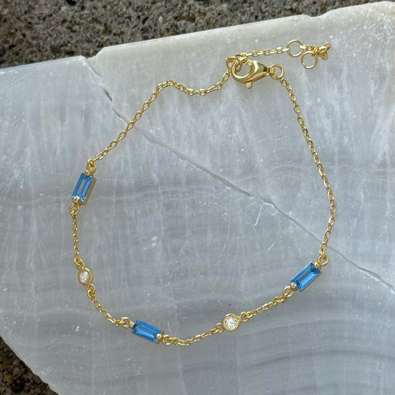 GOLD CRYSTAL BLUE BAGUETTE DAINTY bracelet