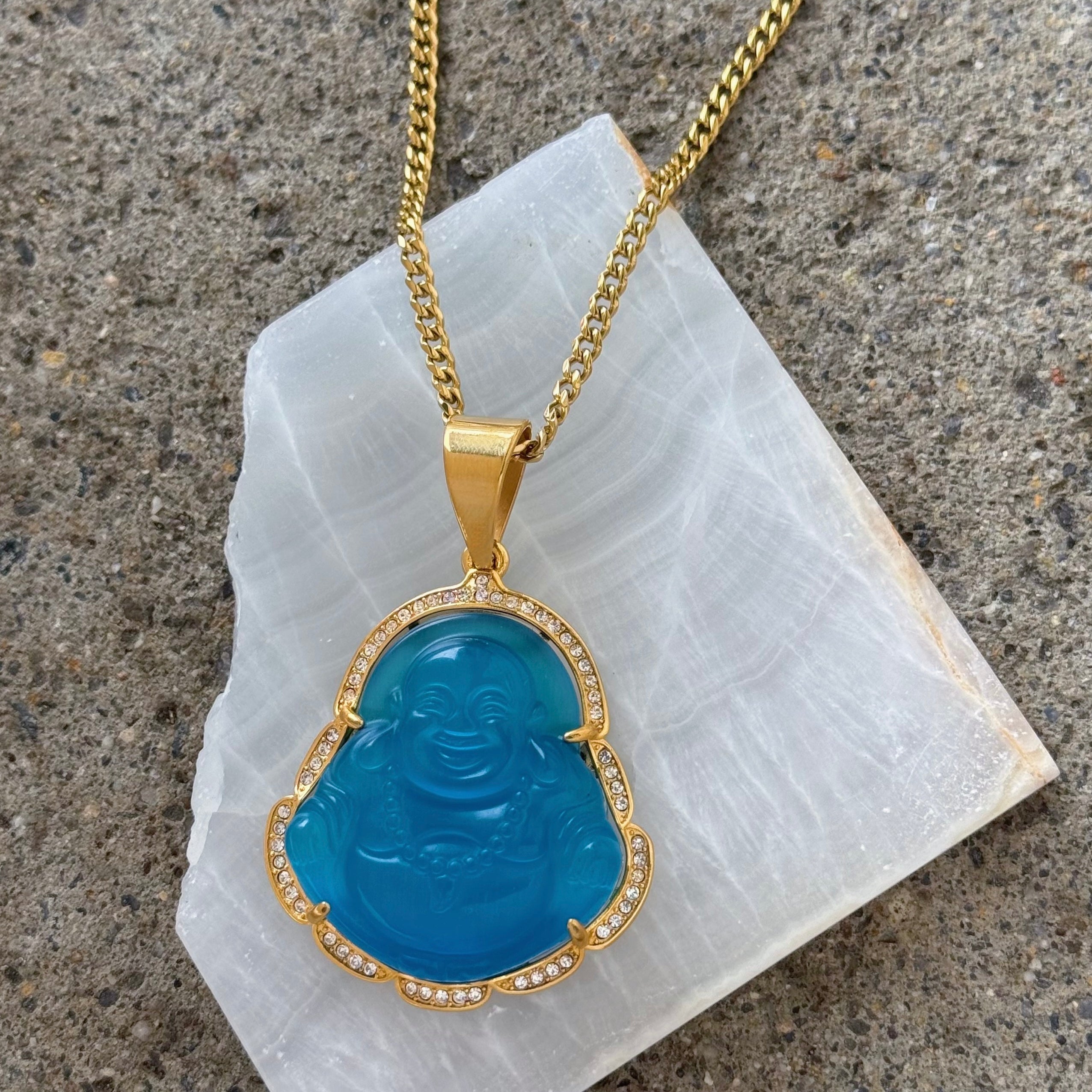 CRYSTAL LIGHT BLUE BUDDHA XL STEEL necklace – Mazza Boutique