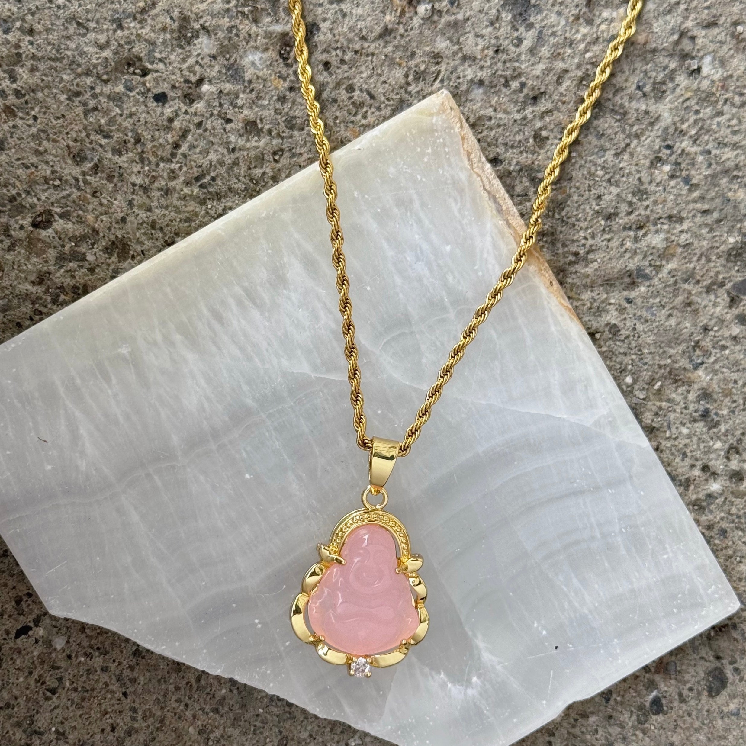 GOLD LAUGHING BUDDHA PINK JADE necklace