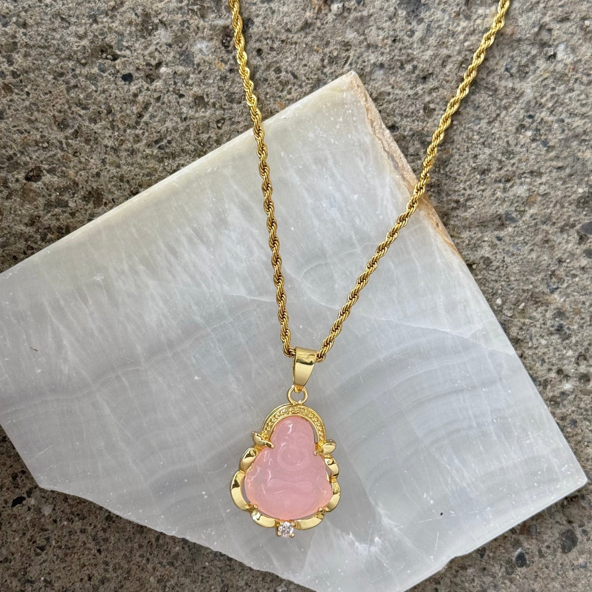 GOLD LAUGHING BUDDHA PINK JADE necklace