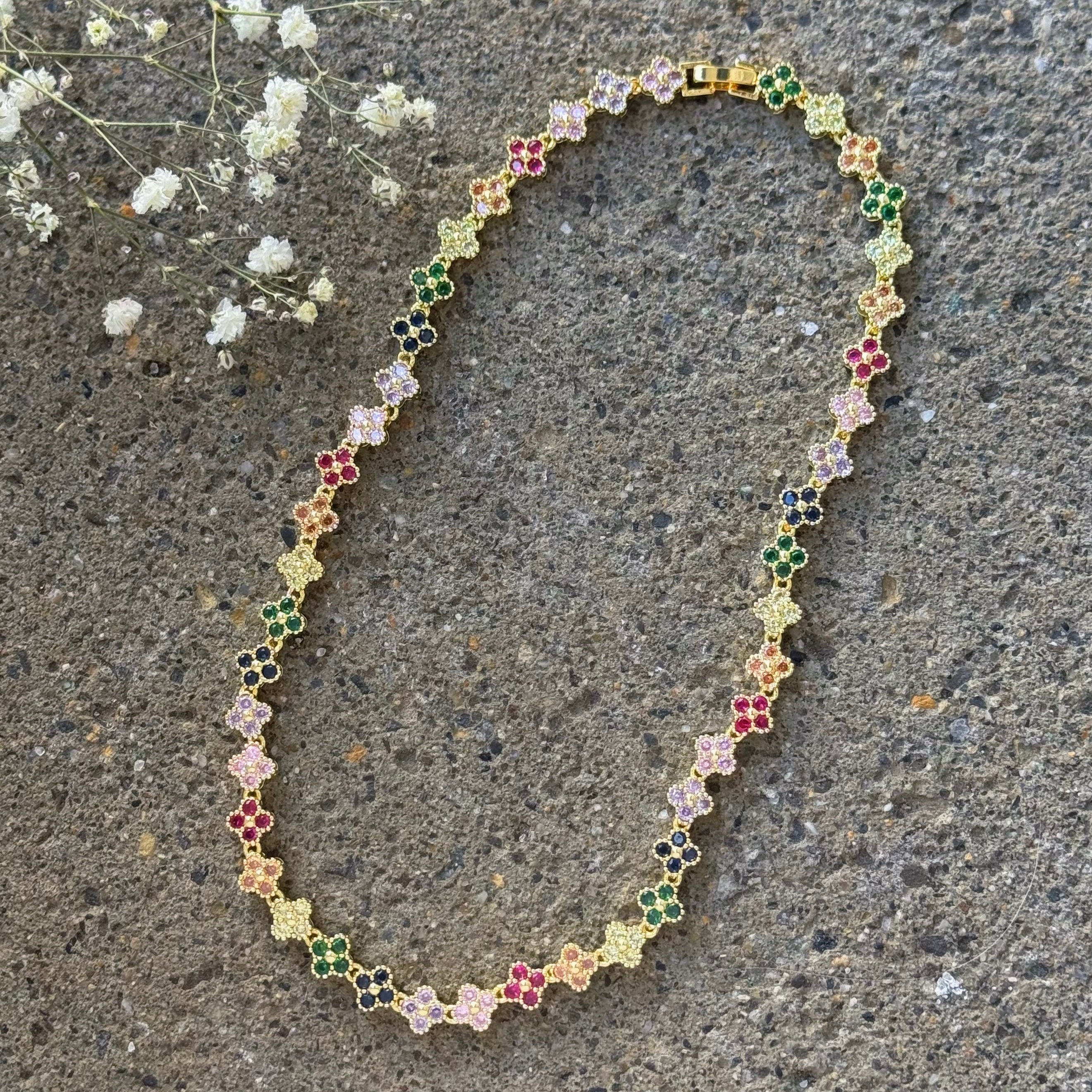 GOLD CRYSTAL MULTI COLOR FLORA CLUSTER necklace
