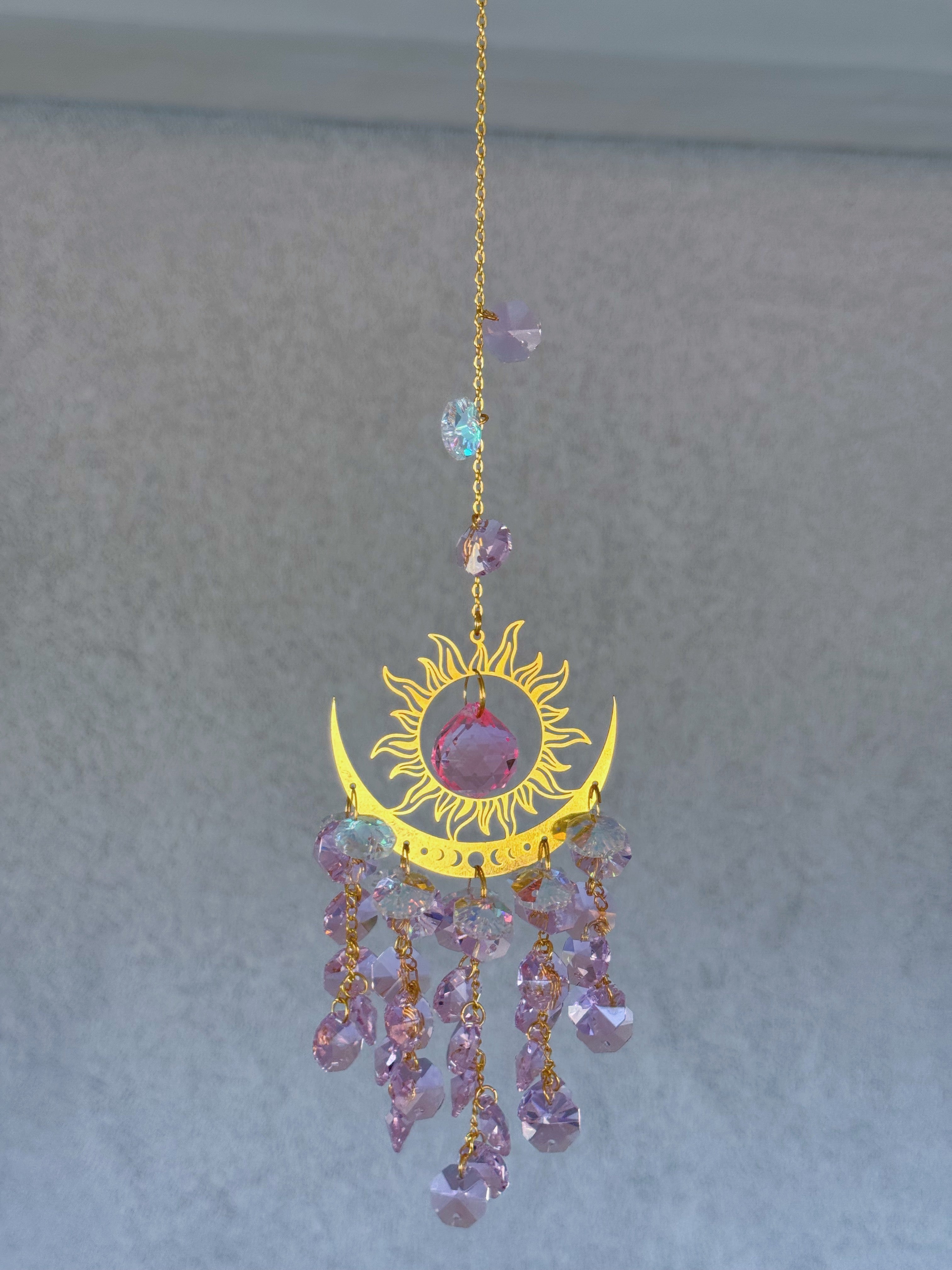 GOLDEN SUN MOON PHASE PINK CRYSTAL sun catcher