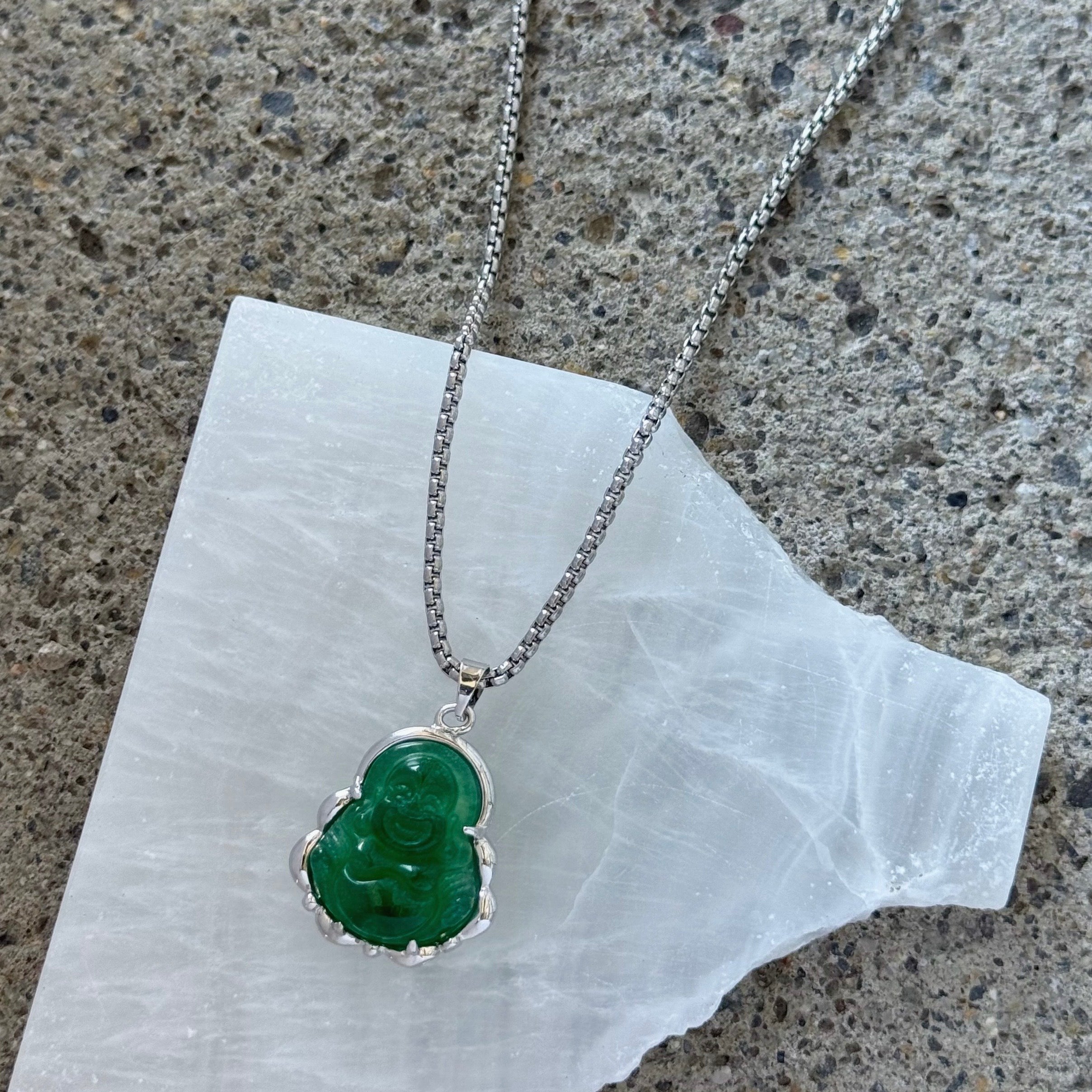 SILVER LUCKY BUDDHA GREEN JADE necklace