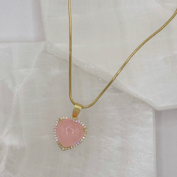 CRYSTAL PAVE HEART PINK JADE necklace
