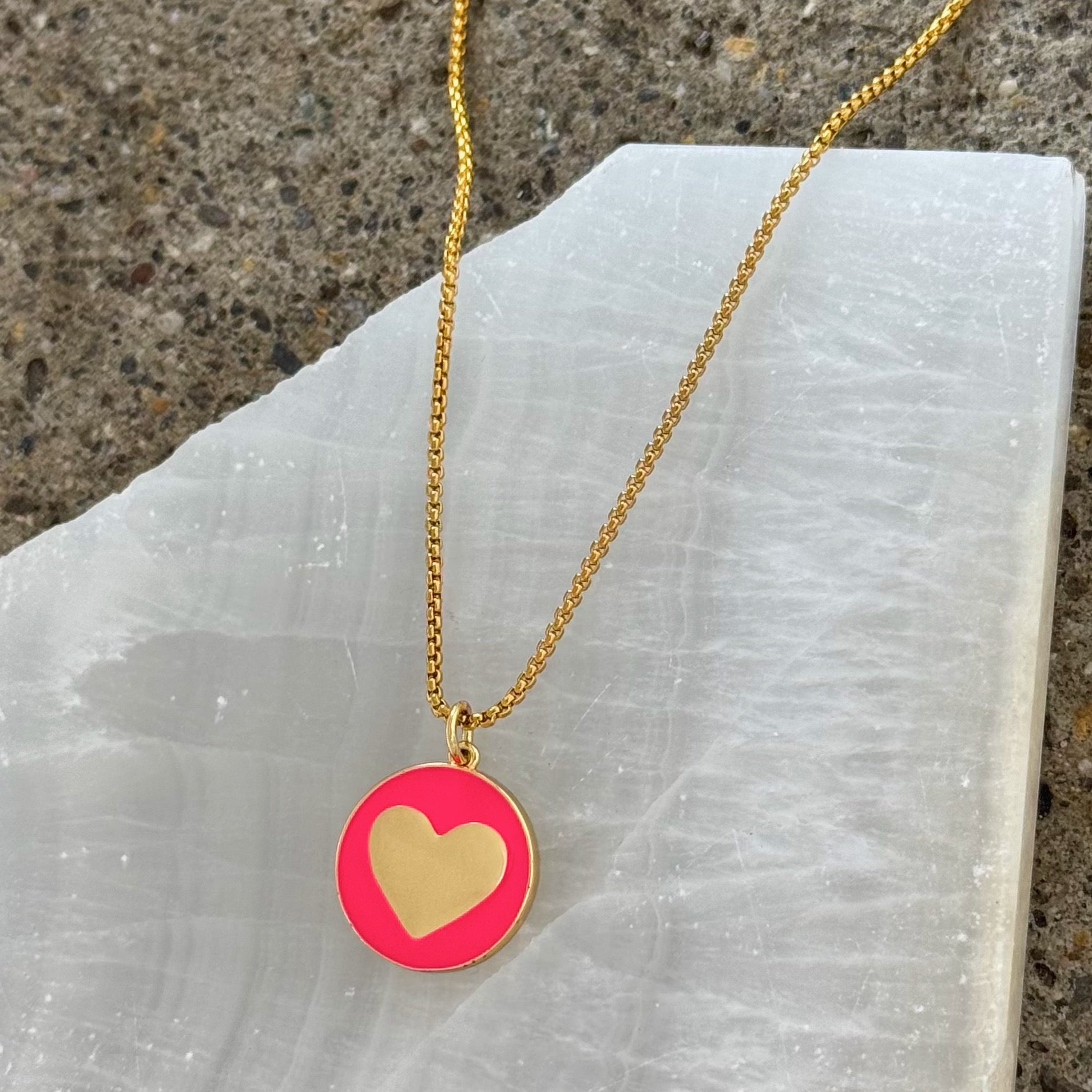 HOT PINK ROUND ENAMEL HEART necklace