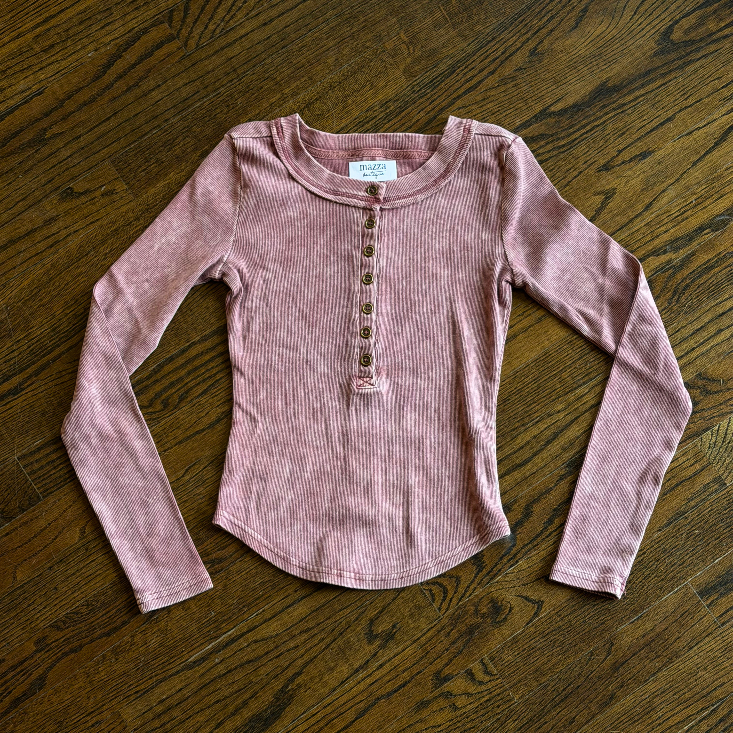 MAROON WASHED FITTED RIBBED LONG SLEEVE HENLEY top