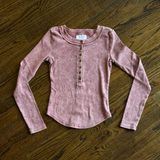 MAROON WASHED FITTED RIBBED LONG SLEEVE HENLEY top