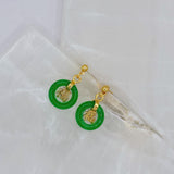 GOLD GOOD FORTUNE GREEN JADE DANGLE earrings