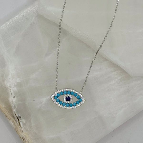 SILVER TURQUOISE BEADED EVIL EYE necklace