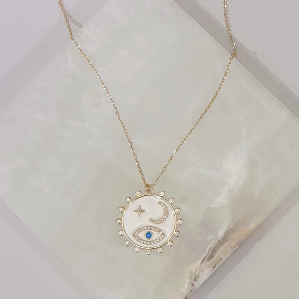 WHITE ENAMEL CRESCENT & EYE necklace