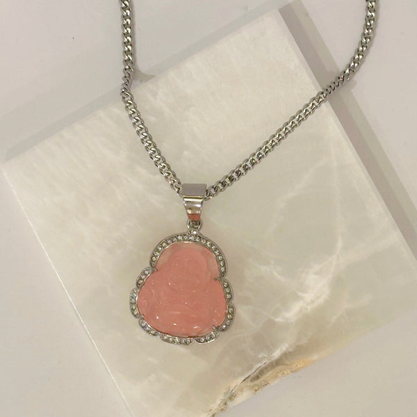 CRYSTAL PEACH BUDDHA STEEL necklace