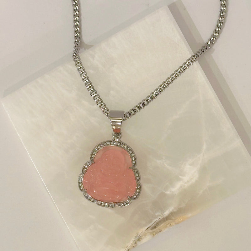 CRYSTAL PINK BUDDHA STEEL necklace