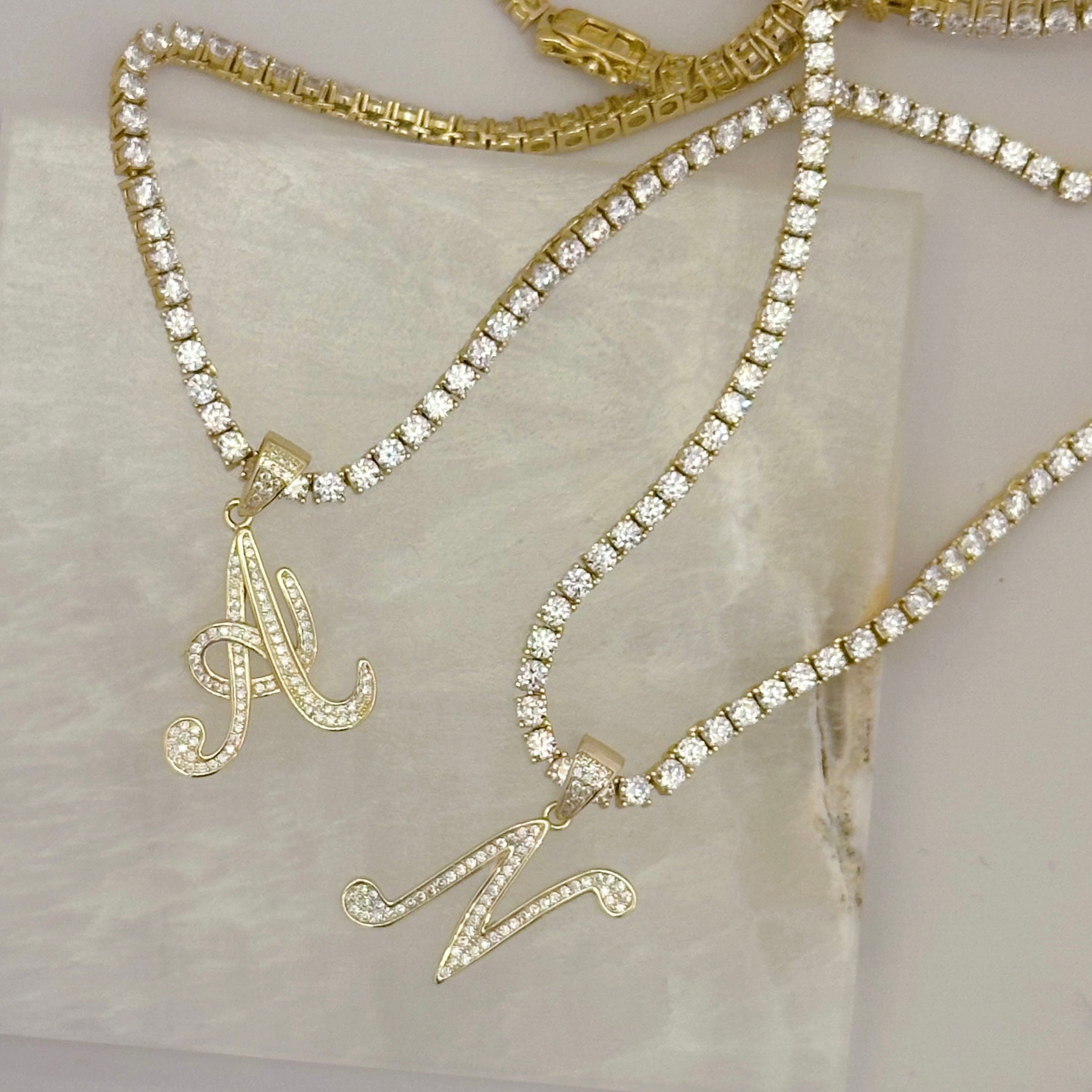 GOLD INITIAL CRYSTAL CURSIVE TENNIS necklace