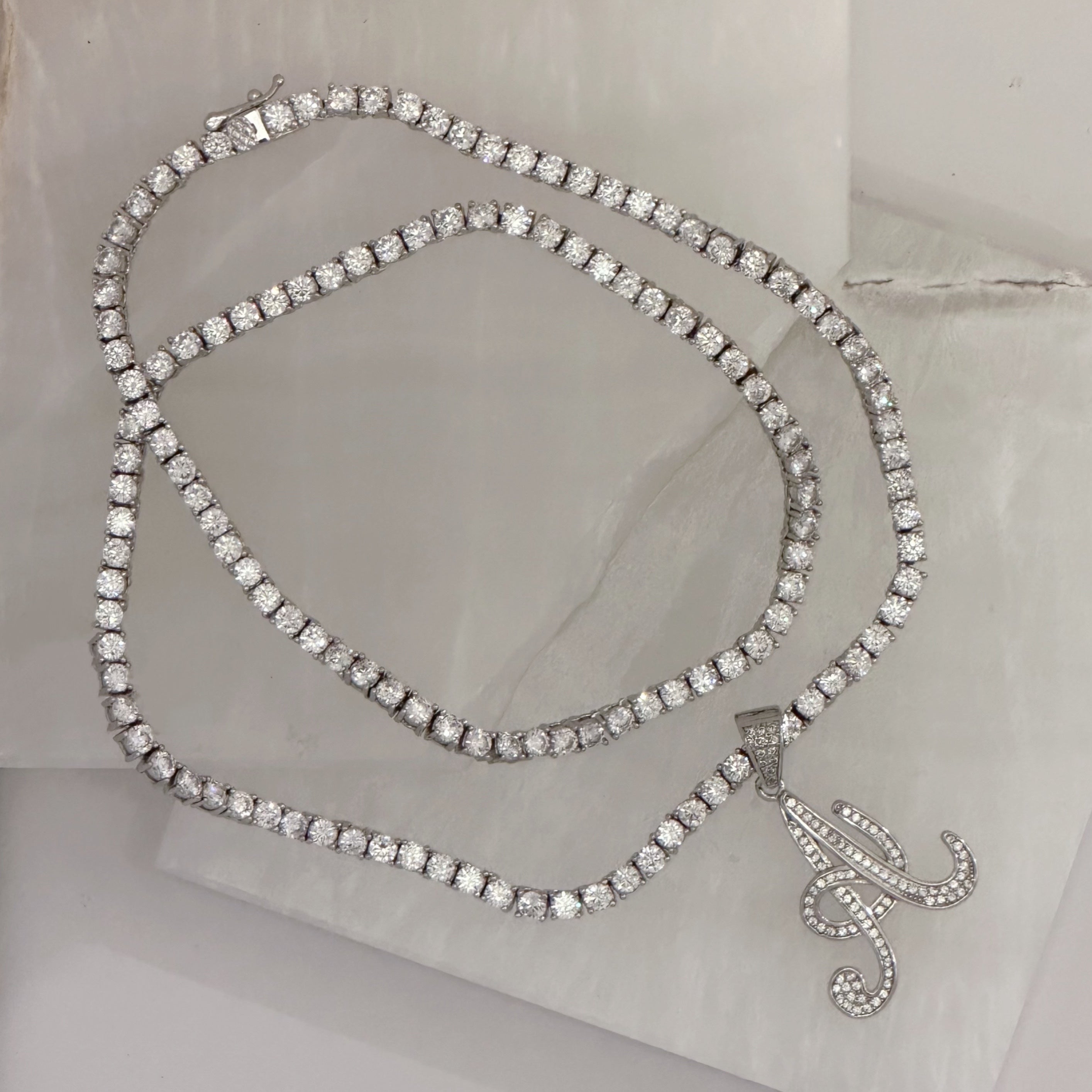 SILVER ICY INITIAL CURSIVE TENNIS necklace