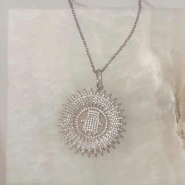 SILVER HAMSA SUN necklace