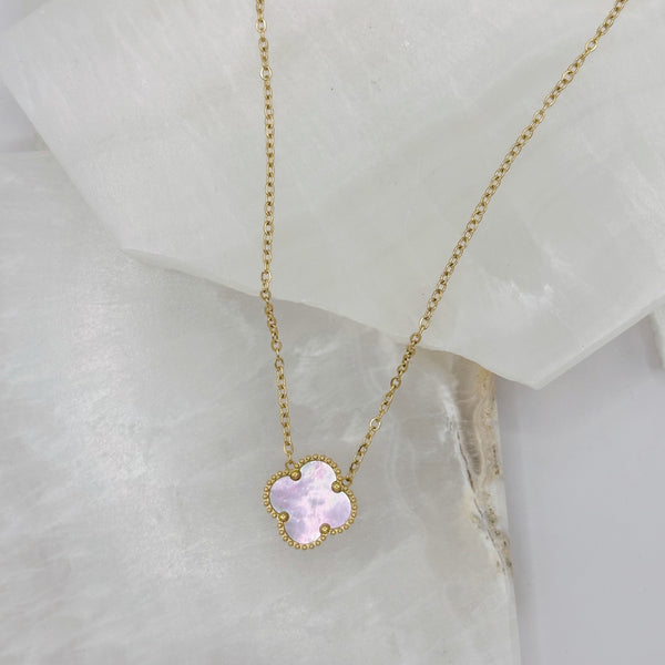 PINK MOTHER OF PEARL CLOVER GOLD STEEL necklace