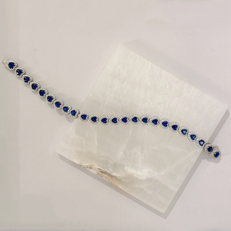 SILVER CRYSTAL BLUE SAPPHIRE HEART TENNIS bracelet