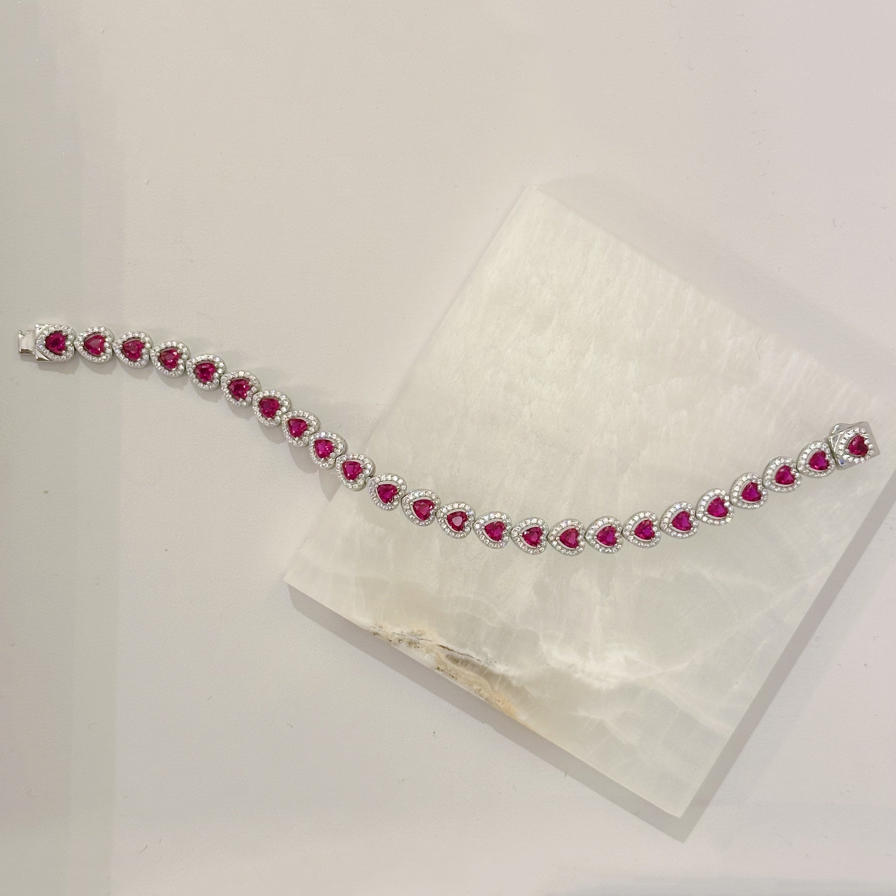SILVER CRYSTAL PINK SAPPHIRE HEART TENNIS bracelet