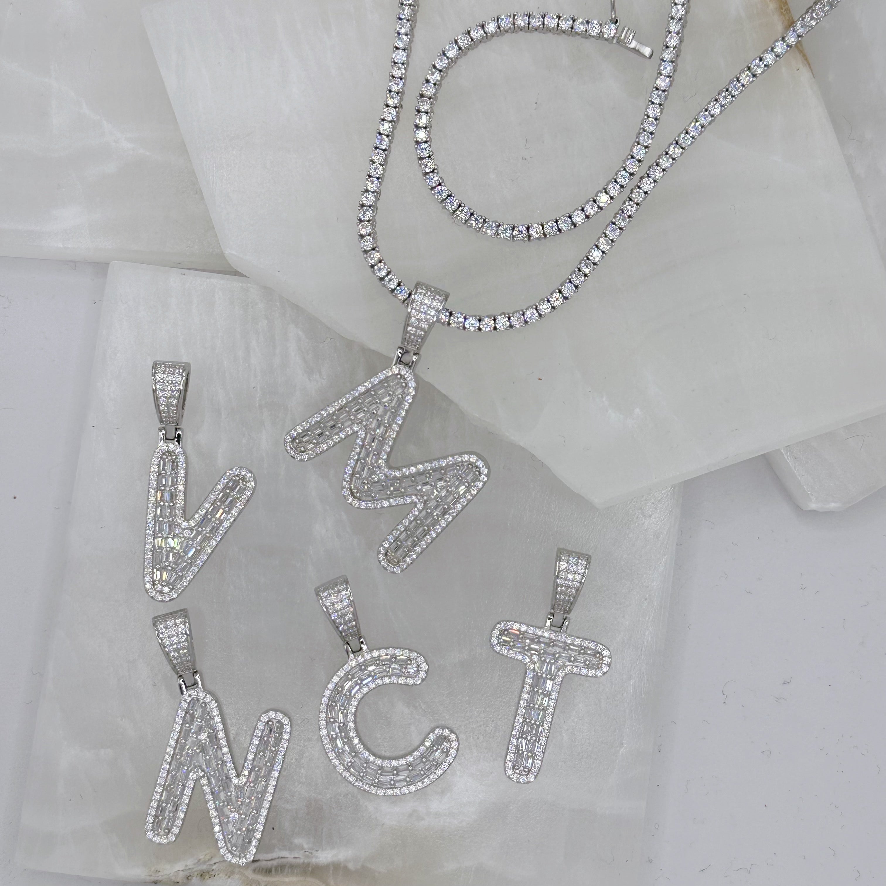 SILVER INITIAL CRYSTAL BAGUETTE II TENNIS necklace