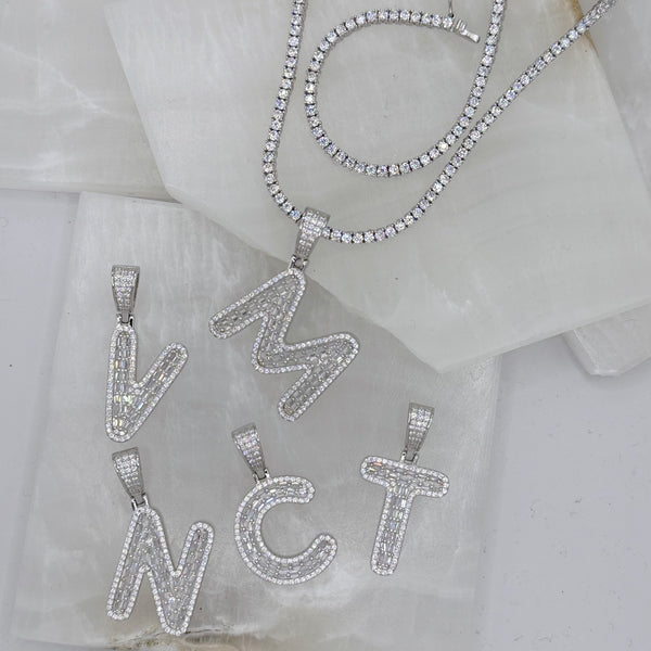 SILVER ICY INITIAL BAGUETTE II TENNIS necklace