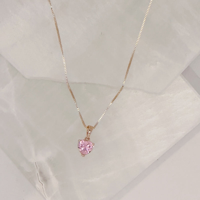 Gold Pink Crystal Heart Necklace